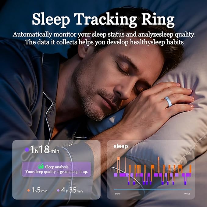 Smart Ring for Women Men, Health Tracker with Heart Rate/Blood Oxygen/Blood Pressure/Sleep Monitoring/Step Counting, IP68 Waterproof Fitness Ring, No App Fees for iPhone & Android (Blue, 6#)