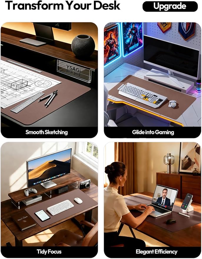 YSAGi Leather Desk Protector, Office Mat, Large Mouse Mat, Non-Slip PU Leather Blotter, Laptop Pad, Waterproof Writing Pad for Office and Home (Chocolate, 31.5" x 15.8")