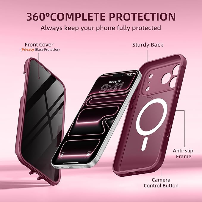 BERFY for iPhone 17 Pro Case, Compatible with MagSafe, Built-in Privacy Screen Protector, Camera Protection, Shockproof Full Body Phone Case 6.3", Translucent Red