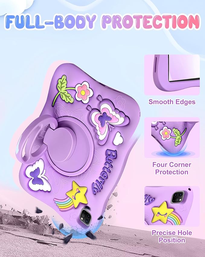 Kidcube for iPad Air 11 Inch Case M3 2025/M2 2024, Pro 11'' 4th/3rd/2nd/1st, Air 5th/4th Generation Case - Girls Cute Kawaii Girly 3D Purple Butterfly Design with Rotating Stand & Strap Silicone Cover