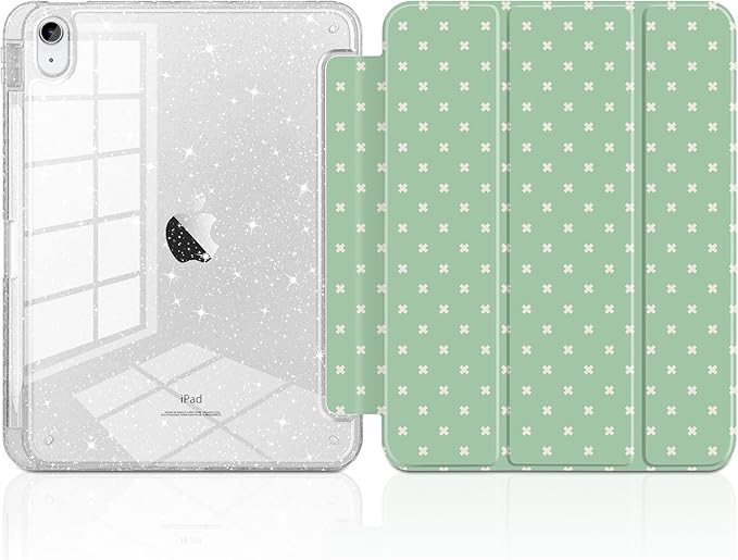 DONGKE for iPad Pro 11 inch Case – Fits M5 2025 / M4 2024, Shockproof Sparkling Glitter Acrylic Back, Pencil Holder, Trifold Stand, Auto Sleep/Wake & Touch ID Support - Green Cross Dot