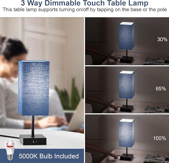 Bedside Table Lamp for Bedroom, 3 Way Dimmable Touch Lamp with USB C+A Charging Ports, Small Nightand Lamps for Bedroom Decor, Living Room, LED Bulbs Included, Upgraded Navy Blue