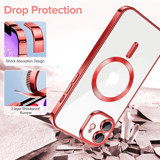 Hython Magnetic Clear for iPhone 11 Case with Camera Lens Protector [Compatible with MagSafe] Luxury Plating Edge Slim Soft TPU Cover Protective Phone Case for iPhone 11 6.1", Red