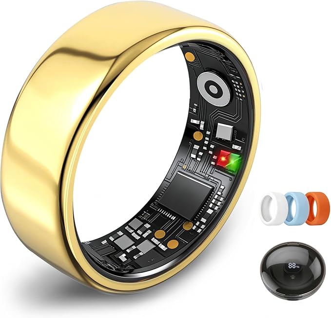 Smart Ring for Women Men,Fitness Tracker Ring,Heart Rate,Blood Oxygen,Step Tracker,Sleep Tracker,Meditation Assistance,No Subscription Fee,IP68 Waterproof Smart Ring for iphone&Android(Gold 7)