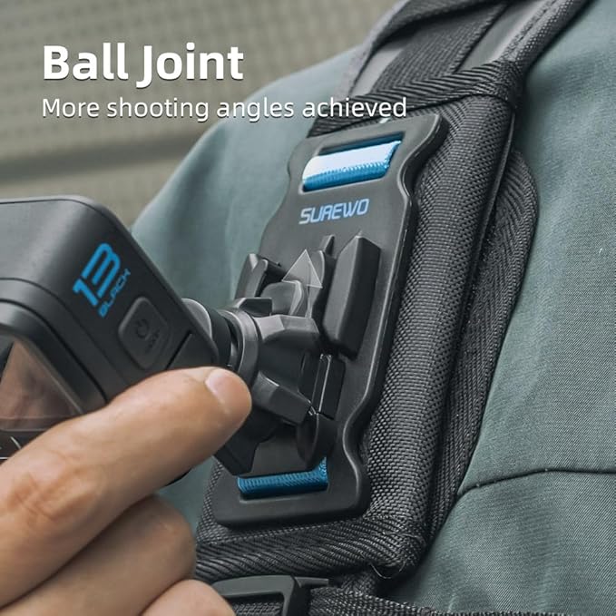Backpack Shoulder Strap Mount Clip, 360°Rotating Ball Head Backpack Bag Belt Shoulder Strap Holder Mount Compatible with GoPro Hero 13/12/11/9/8, DJI Action 6/5 Pro/4/3, AKASO and More
