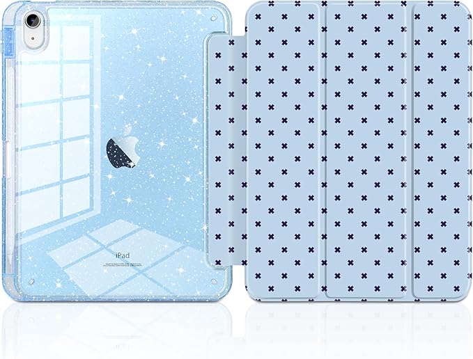DONGKE for iPad Pro 11 inch Case – Fits M5 2025 / M4 2024, Shockproof Sparkling Glitter Acrylic Back, Pencil Holder, Trifold Stand, Auto Sleep/Wake & Touch ID Support - Blue Cross Dot