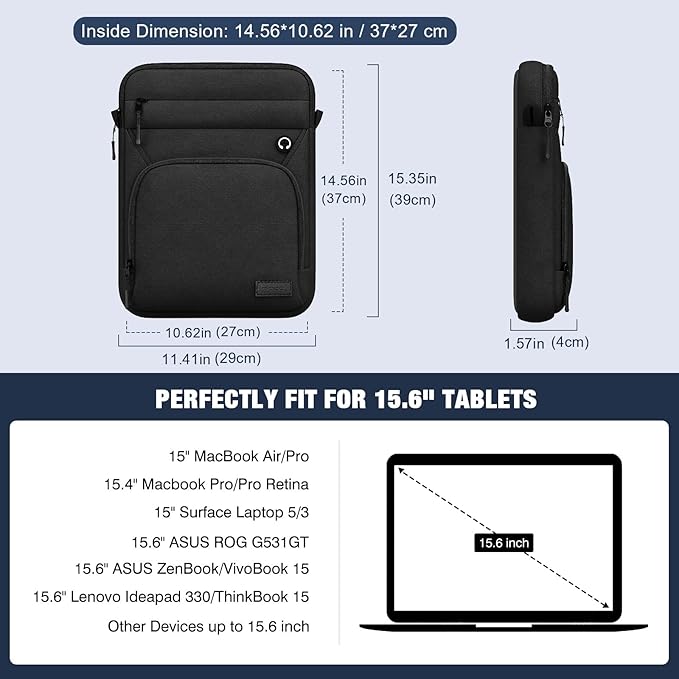 MoKo 15.6 Inch 360° Protective Laptop Sleeve Bag, Fits 2026 MacBook Air 15-inch M5, 15.4" MacBook Pro/Pro Retina, 15" Surface Laptop 5/3,Multifunctional Bag with Shoulder and Headphone Port,Black