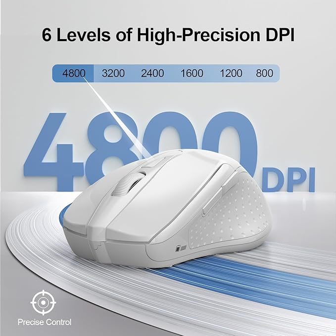 TECKNET Wireless Mouse (2.4G & BT5.0/3.0) Silent 4800 DPI Computer USB A & Bluetooth Mouse 6 Buttons, Wide Compatibility - White
