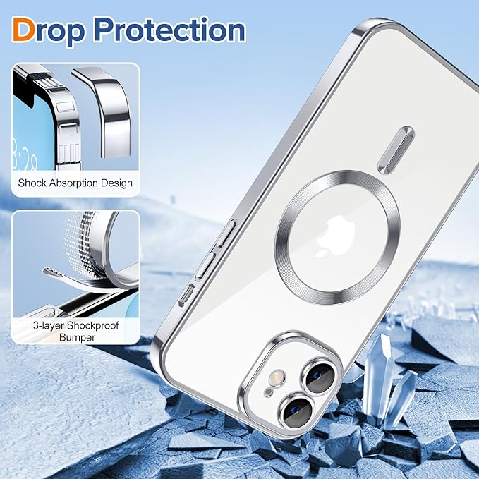 Hython Magnetic Clear for iPhone 11 Case with Camera Lens Protector [Compatible with MagSafe] Luxury Plating Edge Slim Soft TPU Cover Protective Phone Case for iPhone 11 6.1", Silver