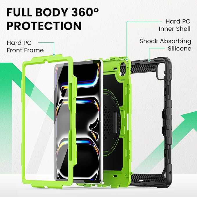 SEYMAC Case for iPad Pro 13 Inch M5 2025 / M4 2024, Heavy Duty Shockproof Protective Case with Screen Protector, 360° Rotating Stand, Hand/Shoulder Strap and Pen Holder, Green