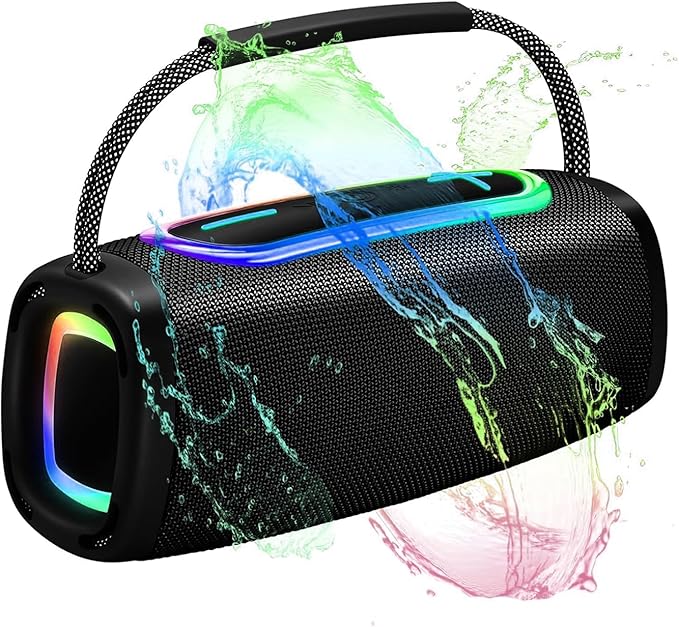 Bluetooth Speaker with Handle, BT5.4 Portable Wireless Speaker with 24W Loud Stereo Sound, IP6 Waterproof, Portable Speaker with RGB Multi-Color Rhythm Lights for Outdoor/Home/Party/Beach as Gift