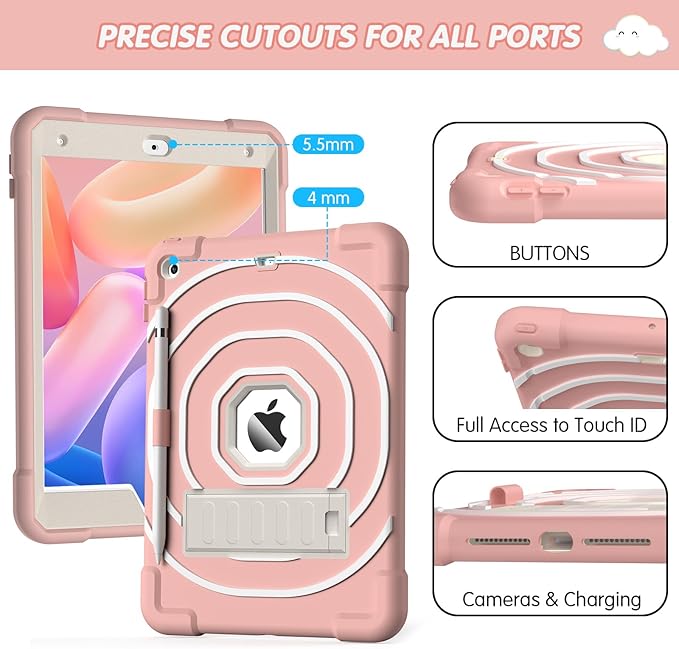 SIBEITU Kids Case for iPad 9th 8th 7th Generation (2021/2020/2019) with Pencil Holder & Kickstand, Slim Heavy Duty Rugged Shockproof Protective iPad 10.2 inch Case for Kids Girls Boys (Pink+White)