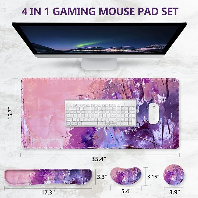 DINKY Keyboard Mouse Pad Set, Large Gaming Mousepad + Memory Foam Ergonomic Keyboard Wrist Rest Support, Easy Typing Pain Relief, 4Pcs (35.4" x 15.8") Extended Desk Mat-Abstract