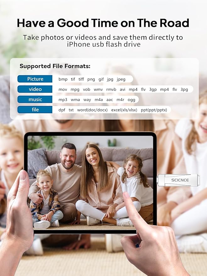 512GB Phone Flash Drive Photo Stick, USB Memory Stick for Photo Video Backup & Storage, No APP Required, Compatible with iPhone iPad Android PC, Bright Silver