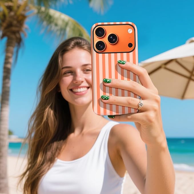 Magnetic for iPhone 17 Pro Case Cute Stripes Phone Case, Shockproof Slim TPU and Hard PC Protective Phone Cover Compatible with MagSafe Designed for Women Girls, Deep Orange