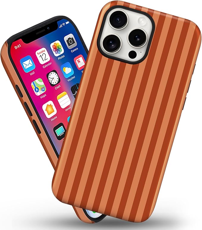 Magnetic for iPhone 16 Pro Case Cute Stripes Phone Case, Shockproof Slim TPU and Hard PC Protective Phone Cover Compatible with MagSafe Designed for Women Girls, Deep Brown