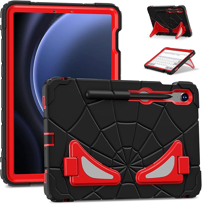 AKABEILA Compatible with Samsung Galaxy Tab S7/S8/S9/S9 FE 11 inch(2023) Tablet Case，Lightweight Shockproof Rugged Protective Cover with Kickstand for Kids Children Boys Babies Black Red