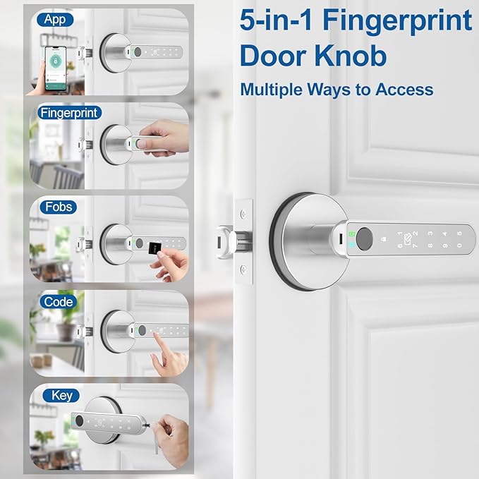 Foxgard Smart Fingerprint Door Lock:Fingerprint Door Knob-Biometric 5-in-1 Finger Print Door Lock-Smart Door Knob for Bedroom-APP Control-Easy Installation–Round Silver–1 Pack