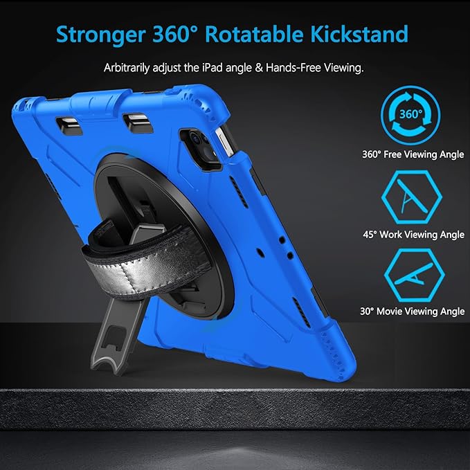 Miesherk Case for iPad Pro 12.9 Inch 6th/5th/4th Generation, Military Grade Heavy Duty Shockproof iPad Pro 12.9 Case - Rotating Stand, Pencil Holder, Hand/Shoulder Strap, Black+Blue