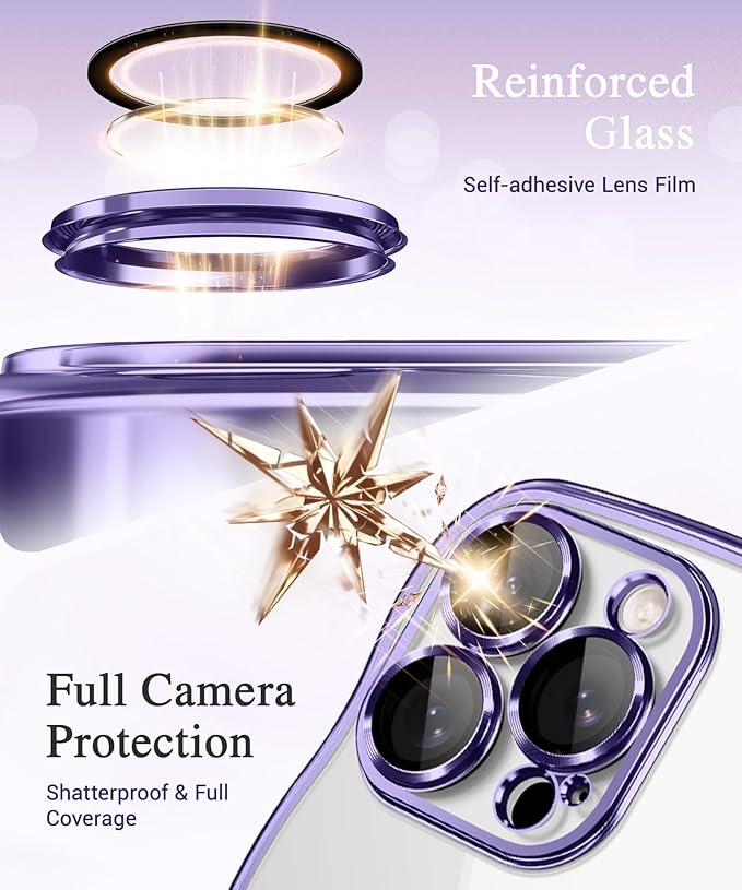 GVIEWIN for iPhone 16 Pro Max Case Compatible with MagSafe, Upgraded [Full Camera Protection][Cute Wave Frame][Military Grade Protection] Electroplated Soft Phone Cover for Women Girl, Clear/Purple