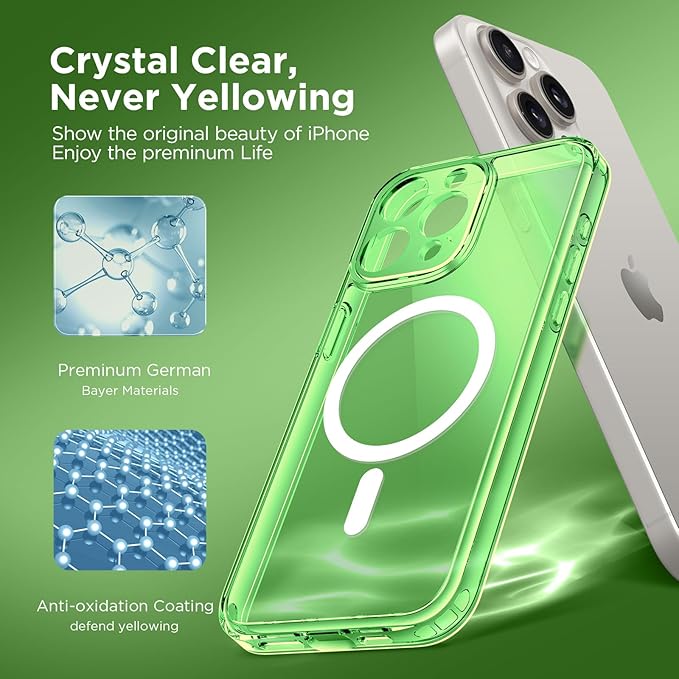 CAPRARO Magnetic for iPhone 15 Pro Max Case, [Compatible with MagSafe] [Full Camera Protection] Shockproof Protective Slim Translucent Matte Phone Case for iPhone 15 Pro Max 6.7'', Clear Green