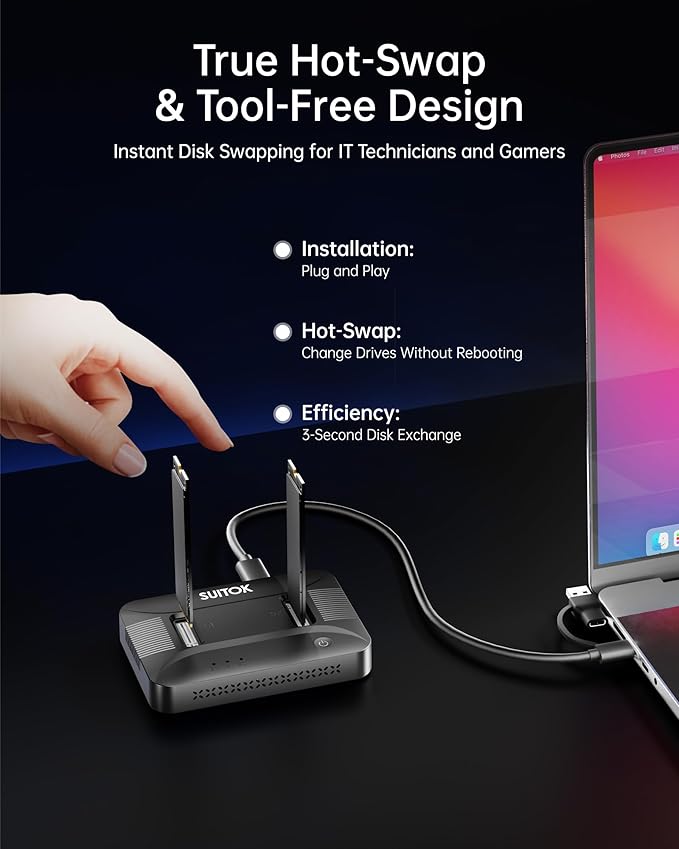 Dual-Bay NVMe M.2 SSD Reader 10Gbps USB C 3.2 Gen 2 Adapter Docking Station for 22110 2280 Gen4 PCIe Hard Drive 16TB External Enclosure Tool-Free Hot-Swap Black for PC PS5 Laptop - STK07 Lite