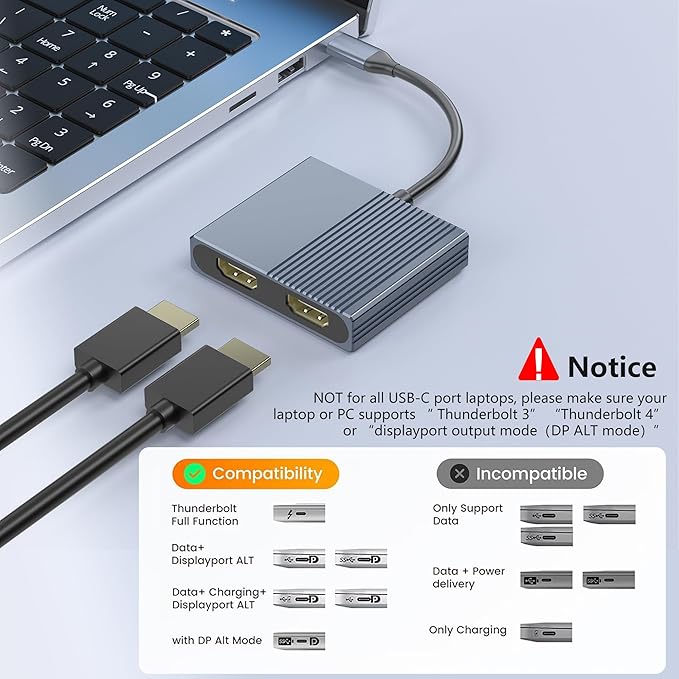 Dual HDMI Adapter for 2 Monitors, Double 4K@60Hz HDMI Splitter for dual monitors, Dual Monitor Adapter, hdmi Splitter Extended Display, USB C Laptop Docking Station Dual monitor for Dell/Mac/HP/Lenovo