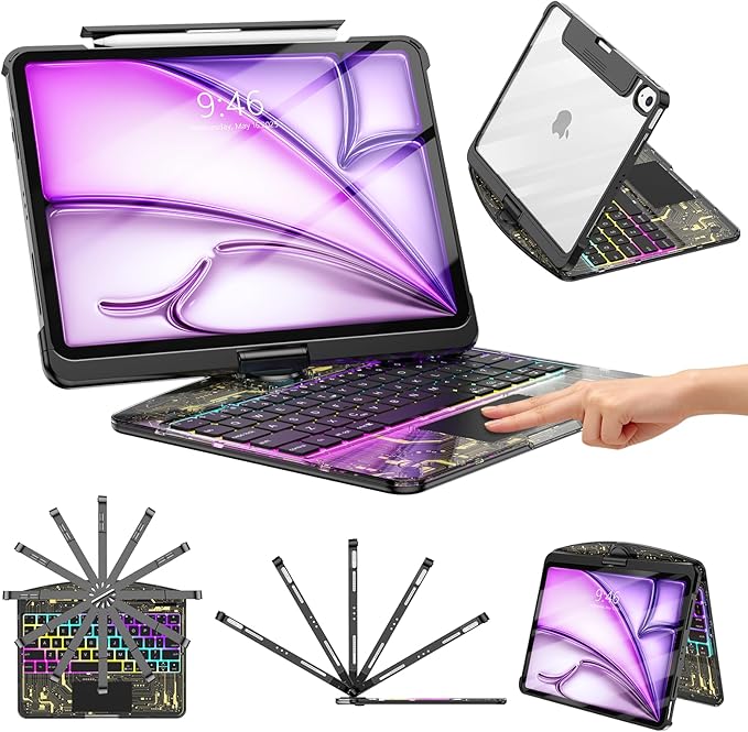 TSQQST Clear Wireless Keyboard Case for iPad Air 13 Inch (M4/M3/M2, 2026/2025/2024)/ iPad Pro 12.9" (6th/5th/4th/3rd Gen), 7-Color Backlit, Pencil Holder & Multi-Touch Trackpad, 360 Rotatable, Black