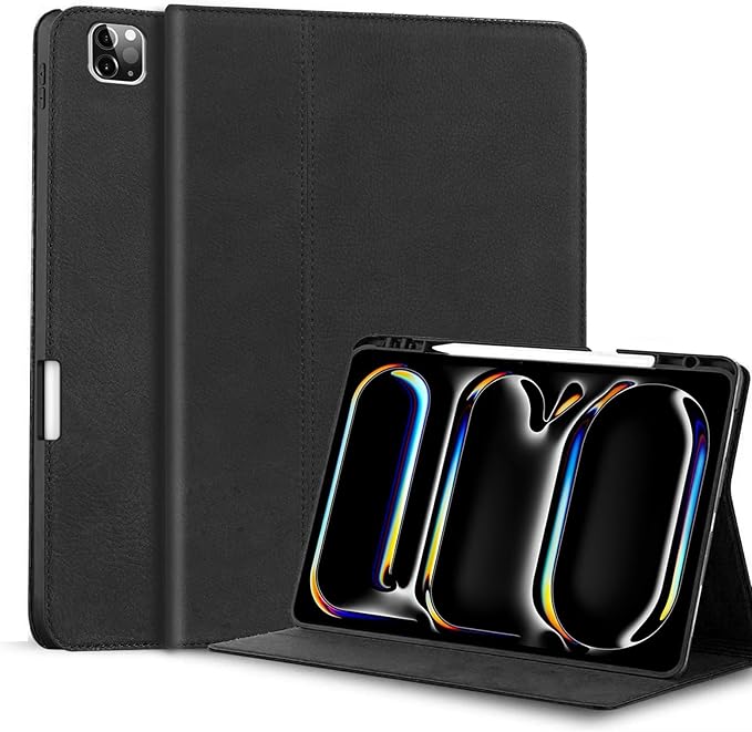 Gexmil Genuine Leather Case for iPad Pro 13 Inch (M5/M4) 2025/2024 with Pencil Holder,Protective Shockproof Smart Premium Leather Folio Cover Adjustable Stand Auto Sleep/Wake Anti-Slip, Sanded Black