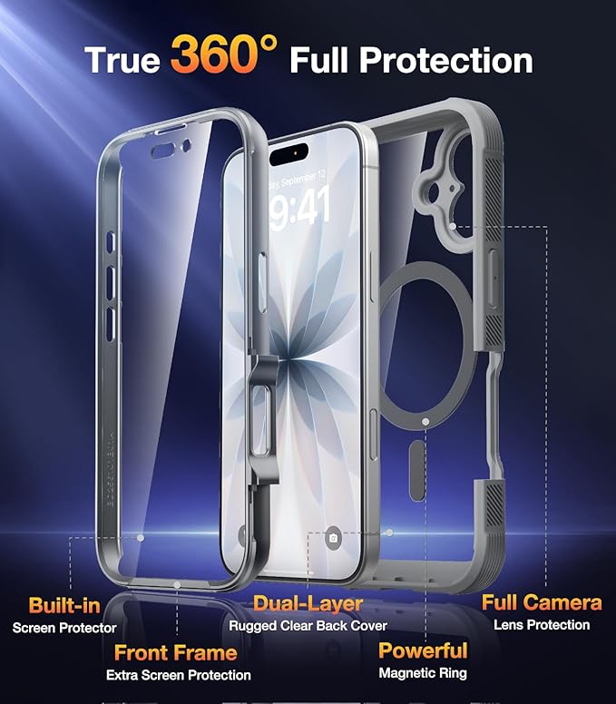 Diaclara Magnetic Designed for iPhone 17 Case 6.3 Inch Full Body Bumper,[Compatible with MagSafe] Military Drop Proof Cover with Built-in Touch Sensitive Anti-Scratch Screen Protector, Grey Titanium