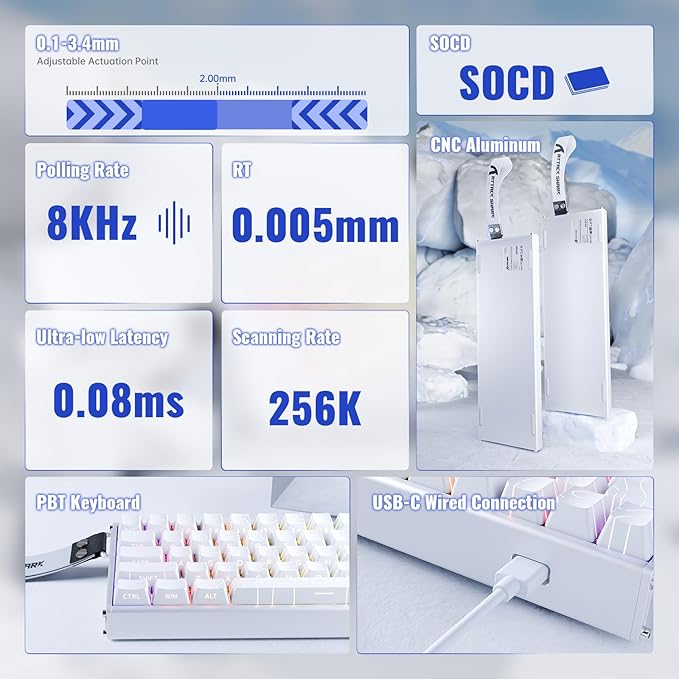 ATTACK SHARK X68MAX HE Wired Rapid Trigger Mechanical Creamy TKL RGB Gaming Keyboard with Full Aluminum CNC,8K Polling,0.005mm Accuracy,Hall Effect Magnetic Switch,NKRO,Driver for PC(White Contour)