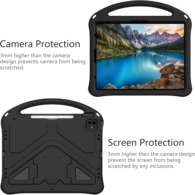 Kids Friendly Case for Apple iPad Air 11 M4 M3 M2 2026 2025 2024/ iPad Pro 11 M5 M4 2025 2024, EVA Durable Shockproof Handle Kickstand Lightweight Cover Case with Shoulder Strap, Black