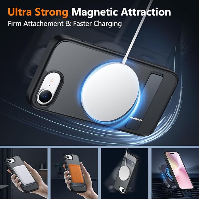 SPIDERCASE Magnetic for iPhone 17e Case for iPhone 16e Case, with [3 Stand Ways] [Military Grade Drop Protection] Invisible Stand Shockproof Slim Case for iPhone 17e/16e 6.1 inch, Black