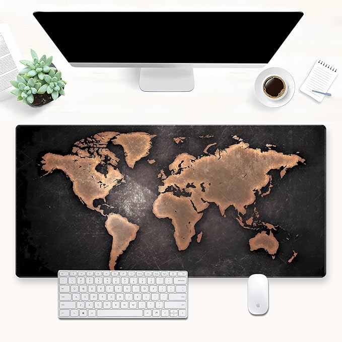 World Map Gaming Mouse Pad XXL Large Vintage Style Full Desk Mat Extended Keyboard Pad with Stitched Edges, Non-Slip Base (31.5" x 15.7")