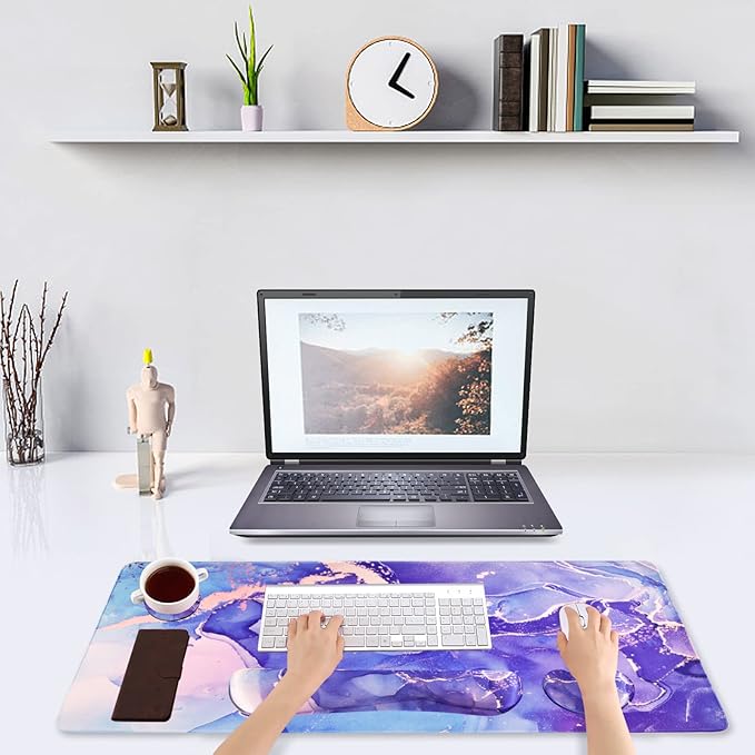 DINKY Keyboard Mouse Pad Set, Large Gaming Mousepad + Memory Foam Ergonomic Keyboard Wrist Rest Support, Easy Typing Pain Relief, 4Pcs (35.4" x 15.7") Extended Desk Mat-Modern Purple Marble