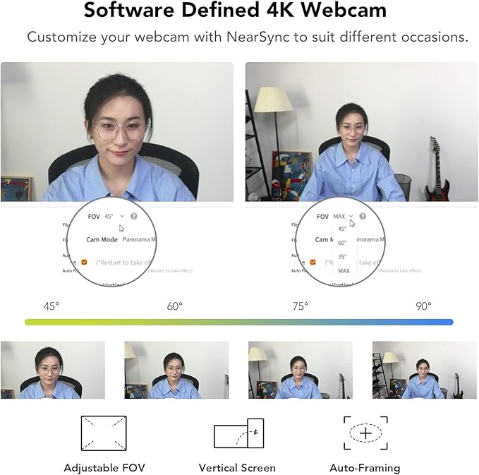 NUROUM V32AF 4K Webcam for PC, Adjustable FOV, Premium CMOS, Autofocus Auto-Framing, Noise Canceling Microphones, USB Plug&Play Web Camera for Desktop/Laptop/Mac, Video Calls w/Zoom/Teams/Google Meet