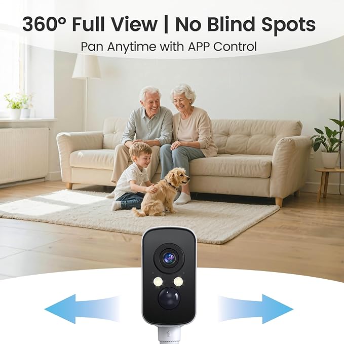 360° View Wireless Outdoor Security Camera, No Subscription Free 7-Day Cloud/SD, Pan, AI Detection, Magnetic, Battery Powered, 2.4G WiFi, 2K, Night Vision, 2-Way Talk, Home Security, IP65