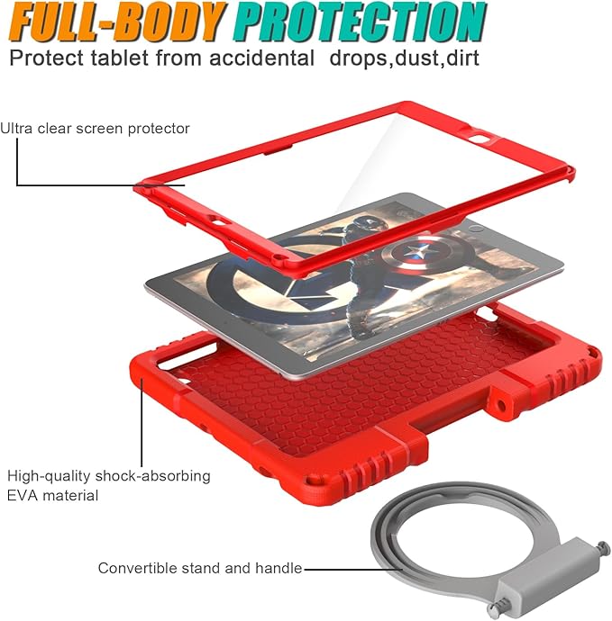 Kids Case for iPad 5th/6th Generation 9.7-inch 2017/2018 Release, Lainergie iPad Air 2 Case with Screen Protector, iPad Pro 9.7 Protective Cover Case Lightweight Shockproof with Handle Stand, Red
