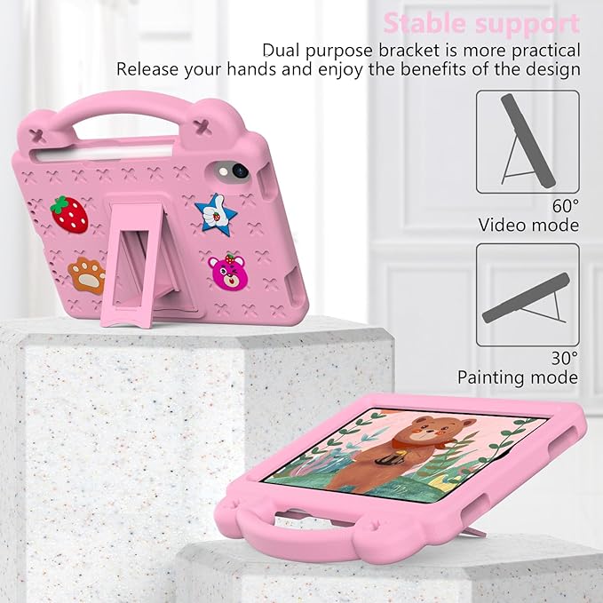 for iPad mini 7 Case A17 Pro,iPad mini 6 Case, Shoulder Strap Shockproof Cute DIY Figures Design Handle Stand Protective Rugged Case for Apple iPad mini 7th 6th Generation 8.3",Pink