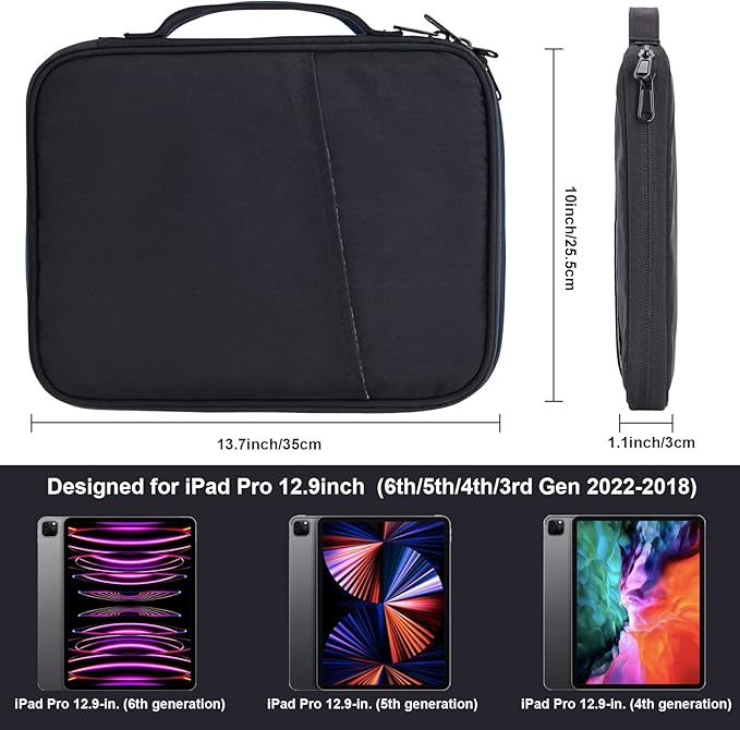 iPad Pro 12.9 Carrying Case Bag, Padded Tablet Sleeve for iPad Pro 13-in (M4), iPad Air 13-in (M2), Surface Pro 9/8, 12.4 Galaxy Tab S9+/S8+ (Black-12.9)