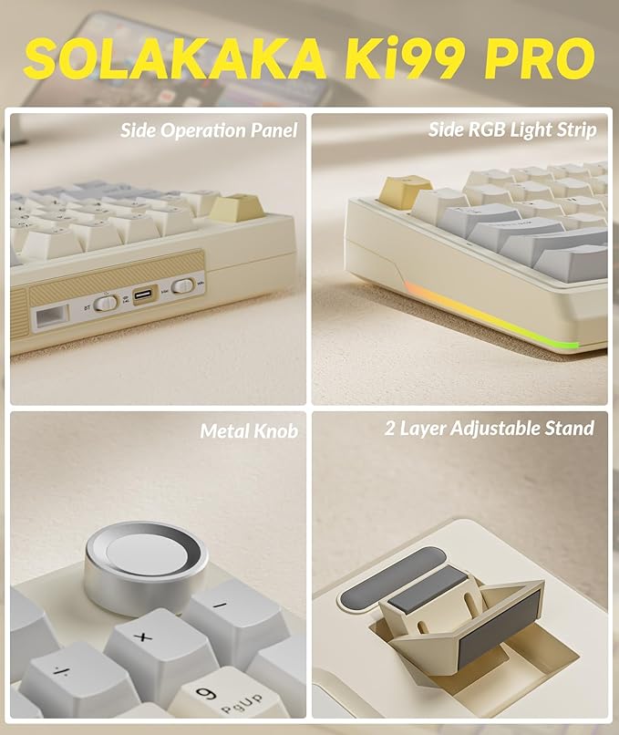 SOLAKAKA KI99 Pro 96% Wireless Gaming Keyboard, RGB Creamy Keyboardw with Knob, Hot-Swappable Pre-Lubed Switches, Gasket Structure Mechanical Keyboards (Beige-White, Non-Silent Version)