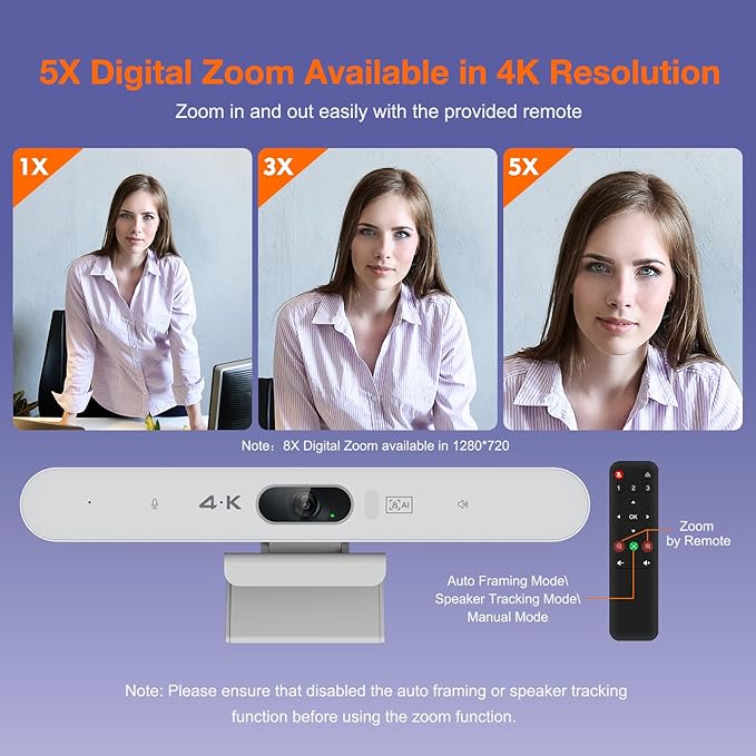 4K Video Conference Room Camera System with Remote Control, AI Auto Framing&Focus, Speaking Tracking, Digital Zoom, Webcam with Microphone and Speaker for Windows TV/PC/Laptop/Zoom/Teams/Skype