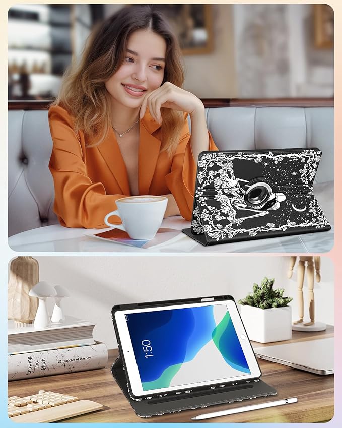 Kidcube for iPad 9th/8th/7th Generation Case 10.2 Inch - for Women Girls Cute Rotating Stand Folio Cover with Pencil Holder & Card Slot Goth Skull Floral Unique Design for iPad 9th/8th/7th Gen Cases