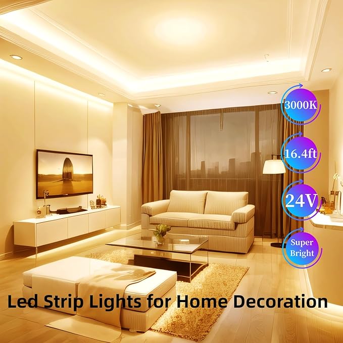 RadiantFlux Warm White Led Strip Lights for Bedroom, 16.4ft 300Leds, Dimmable,Flexible, Super Bright LED Tape Lights for Living Room, Kitchen, Vanity Mirro （Indoor Use）