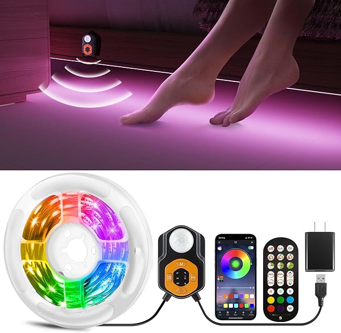 Under Bed Lights Motion Sensor LED Light Strip, 9.84ft 3 Mode RGB Motion Activated Bed Light with Music Sync and Timer, Color Changing Dimmable Night Lights with Remote Mother Day Gift