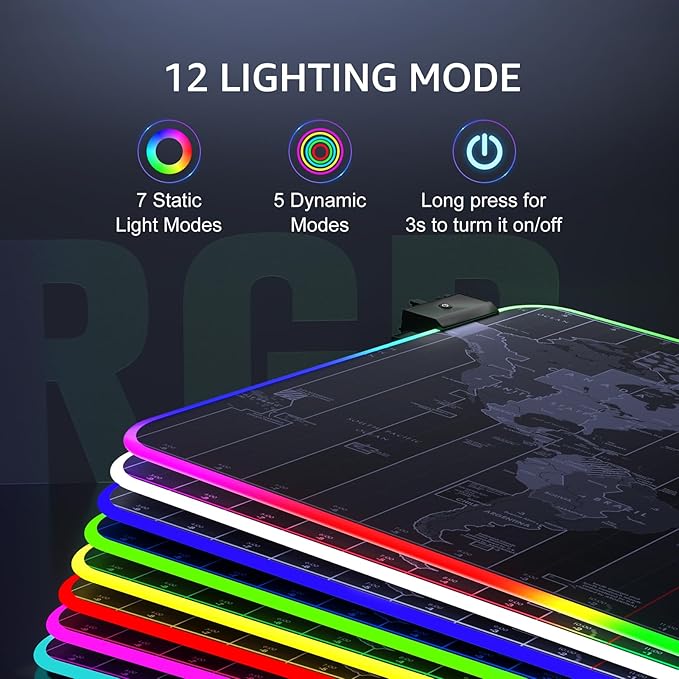 KTRIO RGB Large Gaming Mouse Pad Desk Mat, Superior Micro-Weave Cloth, Non-Slip Rubber Base, Stitched Edges, Water-Resistant, for Gamer, Office & Home, 31.5 x 15.7 in, RGB World Map