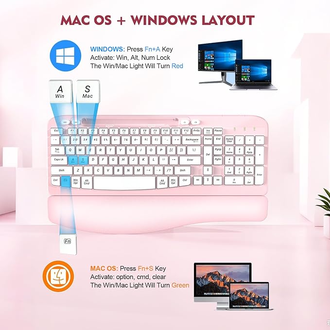 Ergonomic Wireless Keyboard with Cushioned Wrist Rest, Wave Keys, Phone Holder, Comfortable Natural Typing, 2.4GHz Full Size Cordless USB Computer Keyboard for Windows, Mac OS, Laptop, PC (Pink)