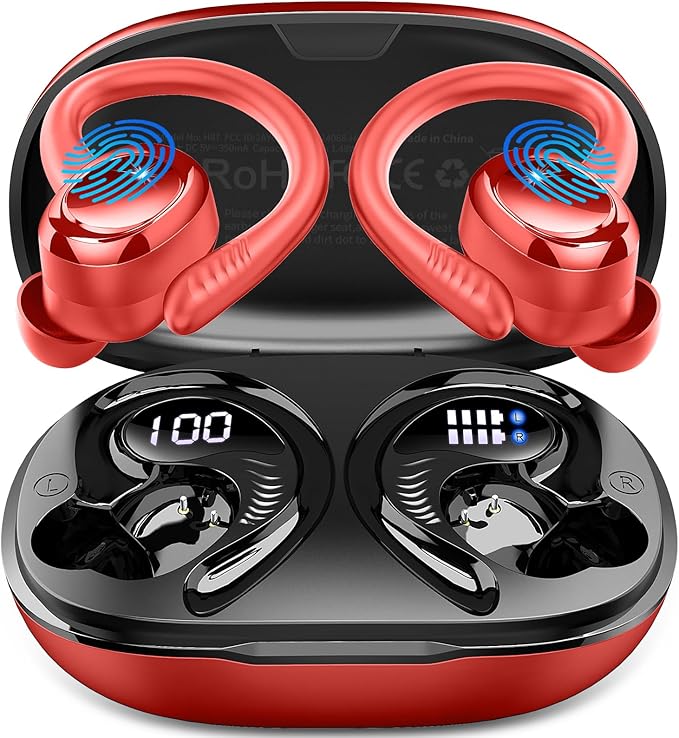Hupoaf Wireless Earbuds Sport, NEW Bluetooth 5.4 Headphones with Earhooks, 50H Stereo Deep Bass Over Ear Buds with 4 ENC Noise Canceling Mics, IP7 Waterproof Earphones for Running Workout Gym -Red