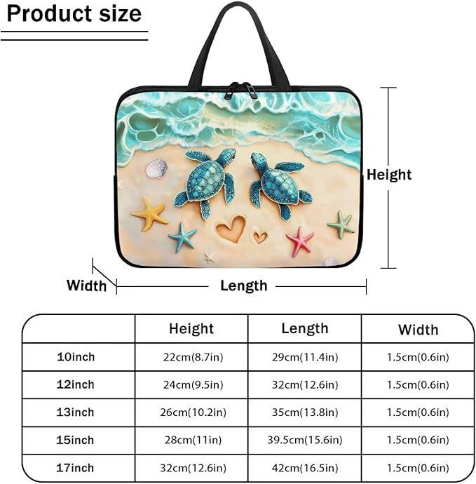 Sea Turtle Laptop Bag 10 Inch Computer Sleeve for Women Men Beach Starfish Padded Notebook Carrying Case with Handle Laptop Cover, Blue