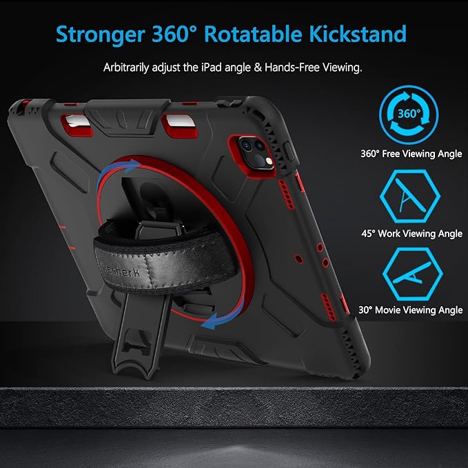 Miesherk Case for iPad Pro 12.9 Inch 6th/5th/4th Generation, Military Grade Heavy Duty Shockproof iPad Pro 12.9 Case - Rotating Stand, Pencil Holder, Hand/Shoulder Strap, Red+Black
